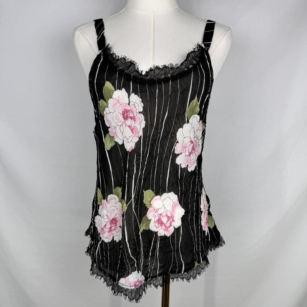 Komarov Y2K Floral Crinkle Lace Trim Cami Top Size M Whimsigoth Romantic - Picture 2 of 7